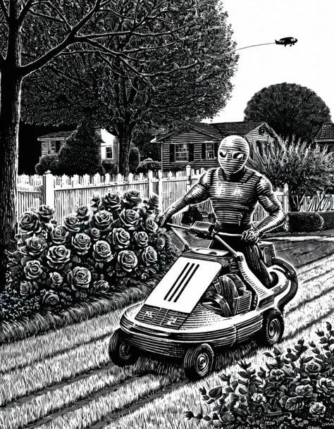 Scratchboard illustration, In a quaint suburban neighborhood, an alien in a Space Invaders-inspired spaceship hovers low over a lawn, its laser-like appendages transformed into a high-tech mower. The green grass is being neatly trimmed as the ship moves along. A second alien wearing a gardening apron and gloves tends to a neighbor's flower bed, carefully pruning roses with a futuristic shear.
A group of curious humans, including a woman in a floral dress, her husband in a polo shirt, and their two children, gather at the fence, eyes wide with wonderment. The extraterrestrial gardening duo exchanges a smile with the family as they offer a canister of glowing, otherworldly lemonade, its hue shifting from blue to green in a mesmerizing pattern.
The postman on his daily route double-takes, momentarily confused by this bizarre scene, but quickly regains his composure and continues on his way, delivering the mail as if nothing out of the ordinary is happening. The entire tableau is captured in a whimsical photograph, reminiscent of Terry Richardson's signature style, with a playful blend of surrealism and everyday life.