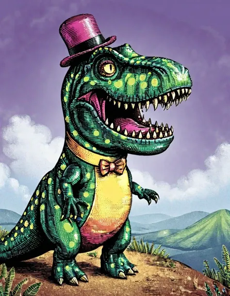 Scratchboard illustration, A brightly colored cartoon T-Rex dinosaur is depicted in this illustration, its body a vibrant green with yellow polka dots. It has big, expressive eyes, one blue and the other pink, and a wide, toothy smile. The dinosaur wears a red bowtie and a purple top hat, both adorned with sparkles. It is standing in a whimsical landscape of rainbows, fluffy white clouds, and pastel hills, as if straight out of a child's storybook.