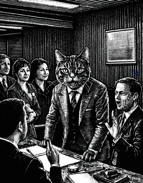 Scratchboard illustration, During an unconventional job interview, the applicant confidently shifts the dynamic and starts questioning the stern-looking but slightly bewildered middle-aged interviewer. The scene unfolds in a spacious yet quirky office, with onlookers - a diverse group of staff members, all attentively observing the atypical exchange. In one corner, an amused office cat nonchalantly yawns, as if it has seen many such theatrics in its tenure as the building's feline mascot. The atmosphere is reminiscent of a Martin Parr-esque satire, with the eccentricity and humor that characterize his work.