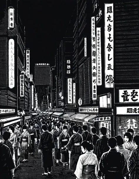 Scratchboard illustration, A bustling street in Tokyo during nighttime, neon lights illuminating the scene. Crowds of people, some in traditional kimono and others in modern fashion, are moving through the area. A mix of Japanese restaurants, karaoke bars, and high-end clubs line the streets, with their entrances adorned by flashing signs. An overhead train rumbles past, its windows reflecting the vibrant cityscape. The air is filled with a blend of food smells, music, and laughter, as people enjoy the lively Tokyo nightlife.