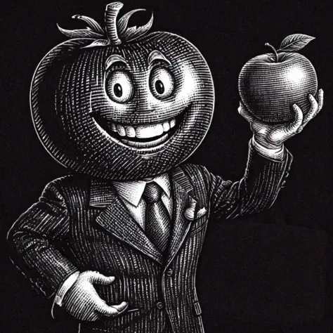 scratchboard illustration of a tomatoe smiling wearing a suite holding an apple <lora:Wizards_Scratchboard_Illustration:0.8> (solid white background:1) detailed