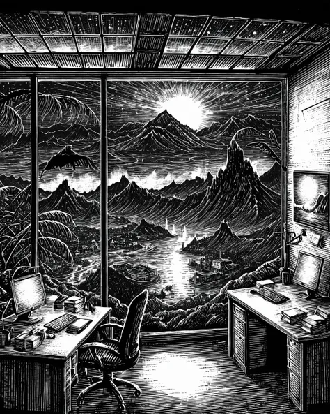 art by Józef Mehoffer, Scratchboard illustration of a landscape of a Quaint ([The Wall of the Night's Watch|Philippines]:1.3) from inside of a Office building, water and Alpha Centauri in background, Hurricane, Manic, broad lighting, <lora:Wizards_Scratchboard_Illustration:1>