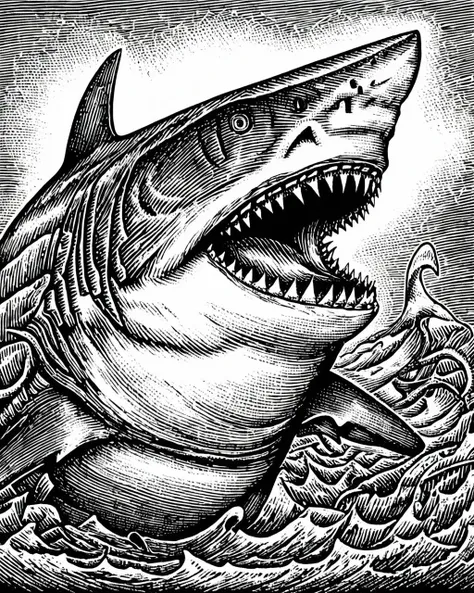 by Erich Heckel, Scratchboard illustration of a Shark, Cyborg and Disgusting, Fine art, Vibrant Color, <lora:Wizards_Scratchboard_Illustration:1>