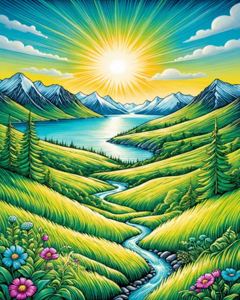 [stylized by Kazimir Malevich: (Jeremiah Ketner:0.9) :2], Scratchboard illustration of a vegetation, landscape of a (Longyearbyen:1.3) , it is 1960'S, at Overcast, Ultra Real, Romantic, Surrealism Art, Lens Flare, triadic colors, absurdres, <lora:Wizards_Scratchboard_Illustration:1>