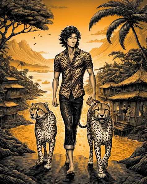 (stylized by Ruan Jia:0.7) and Lois van Baarle, Scratchboard illustration of an indoors, (Eiji:1.3) , Passionate, with cheetah print skin, he is Walking at a Island, his hair is Honey, from inside a Bucharest, Ultra Detailed, rich color, masterpiece, elaborate, <lora:Wizards_Scratchboard_Illustration:1>