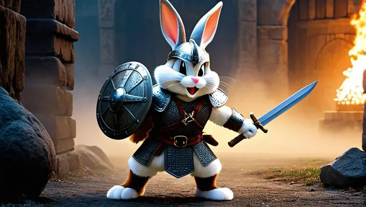 photo taken by Cannon EOS 50D, 8k, hd, masterpiece, canon camera,ultra realistic, 50 furry Bugs Bunnys, the iconic Looney Tunes character, Bugs Bunny, reimagined as a horrifying Viking warrior, standing proudly in full armor. His once familiar features are now twisted into a menacing grin, revealing sharp teeth and glistening eyes. His body is adorned with intricate Norse designs, and he wears a horned helmet that towers above him, accentuating his imposing stature. A massive broadsword is slung over his shoulder, ready to be drawn at a moment's notice. The armor itself is made of rusted iron and adorned with skulls and bones, further enhancing his fearsome appearance. Surrounded by a dimly lit, misty background, Bugs Bunny's new form as a terrifying viking warrior is emphasized, creating an eerie and unsettling atmosphere. The image is titled "Viking Bugs Bunny: The Conqueror," hinting at the brutal and merciless nature of this once-beloved cartoon character. (((<lora:Bugs-BunnyFRL22nO:0.8> )bugs bunny)))dead enemys lying on the ground, photo taken by Cannon EOS 50D, 8k, hd, masterpiece, canon camera,ultra realistic,professional photo,raw photo,(masterpiece,best quality:1.8),(32k UHD resolution,8k wallpaper),
, ((looney tunes characters (Bugs Bunny, Tweety Bird, Lola Bunny, Wile E Coyote, Elmar Fudd),as 50 viking warriors, valkyrians)) celebrating a victorious won war, victorious poses, background: inside of an ancient viking town hall