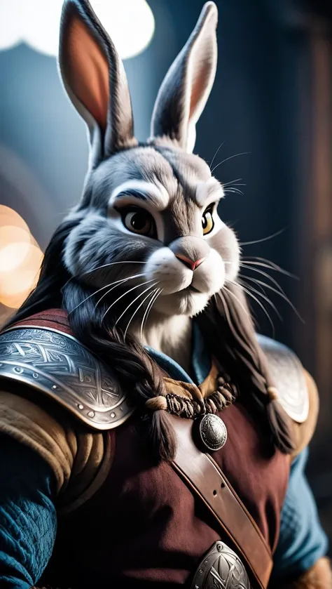 a close up of a rabbit dressed in armor with a sword