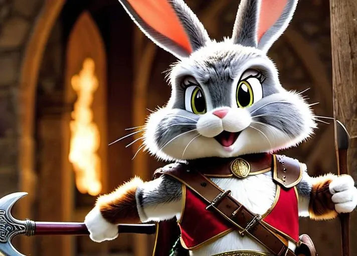 photo taken by Cannon EOS 50D, 8k, hd, masterpiece, canon camera,ultra realistic, 50 furry Bugs Bunnys, the iconic Looney Tunes character, as a viking warrior. Dressed in full battle armor, he stands proudly with his chin held high, exuding an aura of fearlessness. His body is adorned with a shining suit of scale armor, intricately crafted to protect him in the heat of battle. A horned helmet sits atop his head, its menacing visage reflecting his battle-ready spirit. A fearsome axe is slung over his shoulder, ready to be drawn at a moment's notice. Despite the traditional viking attire, Bugs' signature black "Bugs Bunny" bowtie and large carrot are prominently visible, a touch of his characteristic charm to the otherwise intimidating scene. The image is set against a backdrop of a stormy sea, with a longship anchored in the distance, further emphasizing Bugs' transmorph from lovable rabbit to fearsome viking warrior. (((<lora:Bugs-BunnyFRL22nO:0.8> )bugs bunny))), photo taken by Cannon EOS 50D, 8k, hd, masterpiece, canon camera,ultra realistic,professional photo,raw photo,(masterpiece,best quality:1.8),(32k UHD resolution,8k wallpaper),
, ((looney tunes characters (Bugs Bunny, Tweety Bird, Lola Bunny, Wile E Coyote, Elmar Fudd),as 50 viking warriors, valkyrians)) celebrating a victorious won war, victorious poses, background: inside of an ancient viking town hall
