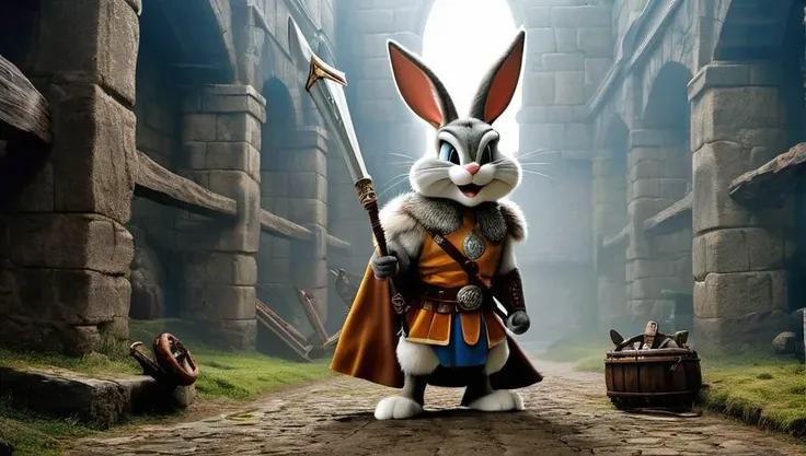 photo taken by Cannon EOS 50D, 8k, hd, masterpiece, canon camera,ultra realistic, 50 furry Bugs Bunnys, the iconic Looney Tunes character, Bugs Bunny, reimagined as a horrifying Viking warrior, standing proudly in full armor. His once familiar features are now twisted into a menacing grin, revealing sharp teeth and glistening eyes. His body is adorned with intricate Norse designs, and he wears a horned helmet that towers above him, accentuating his imposing stature. A massive broadsword is slung over his shoulder, ready to be drawn at a moment's notice. The armor itself is made of rusted iron and adorned with skulls and bones, further enhancing his fearsome appearance. Surrounded by a dimly lit, misty background, Bugs Bunny's new form as a terrifying viking warrior is emphasized, creating an eerie and unsettling atmosphere. The image is titled "Viking Bugs Bunny: The Conqueror," hinting at the brutal and merciless nature of this once-beloved cartoon character. (((<lora:Bugs-BunnyFRL22nO:0.8> )bugs bunny)))dead enemys lying on the ground, photo taken by Cannon EOS 50D, 8k, hd, masterpiece, canon camera,ultra realistic,professional photo,raw photo,(masterpiece,best quality:1.8),(32k UHD resolution,8k wallpaper),
, ((looney tunes characters (Bugs Bunny, Tweety Bird, Lola Bunny, Wile E Coyote, Elmar Fudd),as 50 viking warriors, valkyrians)) celebrating a victorious won war, victorious poses, background: inside of an ancient viking town hall