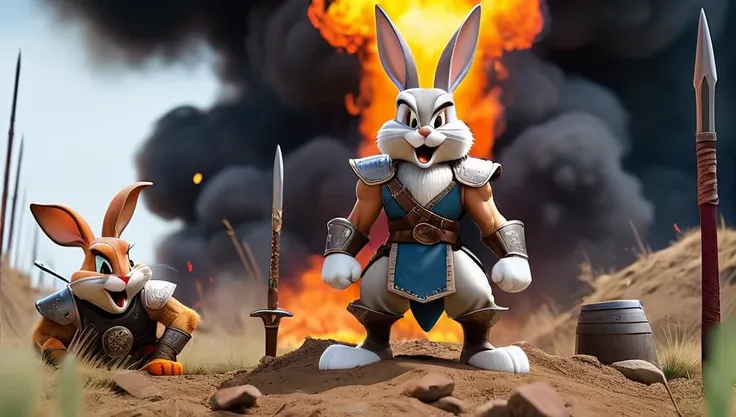 landscape,photo taken by Cannon EOS 50D, 8k, hd, masterpiece, canon camera,ultra realistic,professional photo,raw photo,(masterpiece,best quality:1.8),(32k UHD resolution,8k wallpaper),
Bugs Bunny, in a horrifying transformation, as a viking warrior clad in full armor, standing triumphantly amidst a scene of carnage. His fur is now a menacing shade of black, and his signature white gloves are stained red with blood. His eyes, once bright and mischievous, now burn with a cold, unyielding fury. The armor itself is a testament to his ruthlessness; it is crafted from the bones and skulls of his defeated enemies, forming a macabre collage of death. Behind him lies a field littered with the bodies of countless enemies, their lifeless forms scattered about like discarded dolls. At his feet, several defeated warriors lie bleeding out, their weapons and shields scattered around them in defeat. The image is a stark contrast to the lovable and innocent character that Bugs Bunny once was, serving as a chilling reminder of the brutal and unforgiving nature of war. ((<lora:Bugs-BunnyFRL22nO:0.8> bugs bunny as viking warrior <lora:GarkEst:1><lora:warrior_13AL:1>))dead enemys on the ground, photo taken by Cannon EOS 50D, 8k, hd, masterpiece, canon camera,ultra realistic,professional photo,raw photo,(masterpiece,best quality:1.8),(32k UHD resolution,8k wallpaper),
, ((looney tunes characters (Bugs Bunny, Tweety Bird, Lola Bunny, Wile E Coyote, Elmar Fudd),as 50 viking warriors, valkyrians)) celebrating a victorious won war, victorious poses, background: inside of an ancient viking town hall