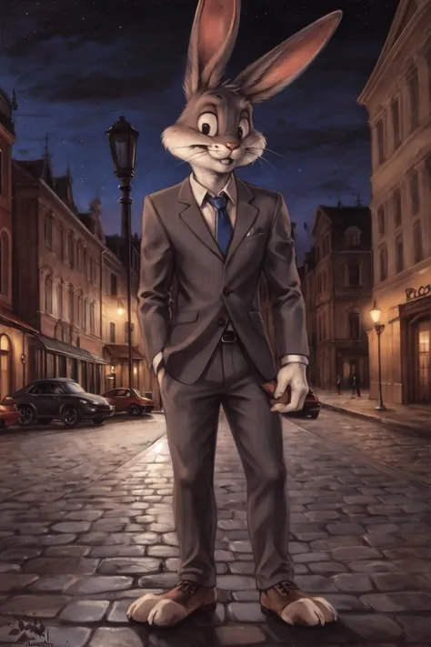 (by rukis, by blotch, by personalami, by honovy, by zackary911), male, solo, bugs bunny, rabbit, buckteeth, wearing suit, necktie, bottomwear, street, night, long ears, grey body, grey fur, white fur