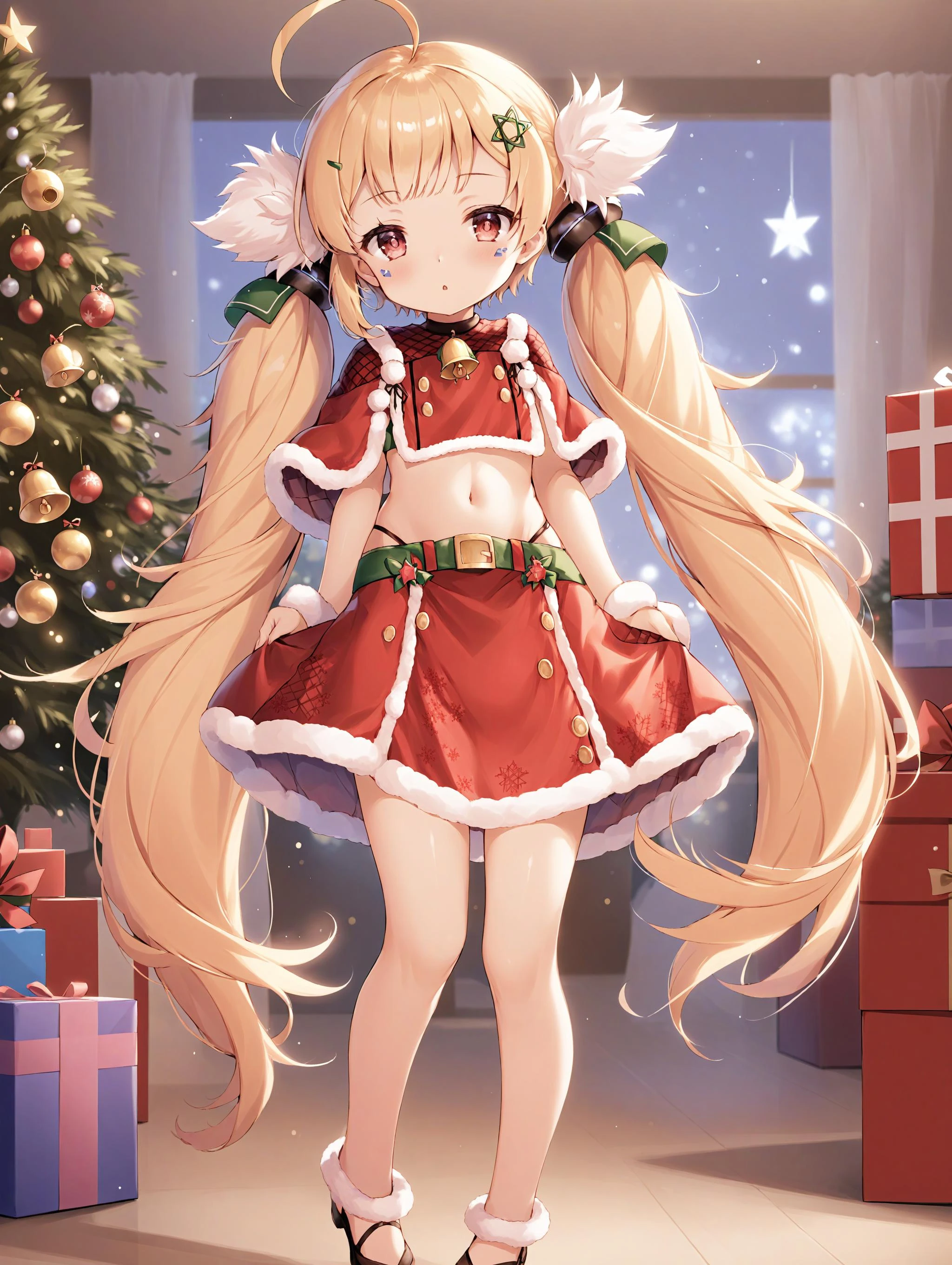 1girl,solo,eldridge \(azur lane\),facial mark,twintails,
red capelet,red skirt,bell,hair ornament,navel,star hairclip,
standing,
indoors,christmas,gift box,christmas tree,
<lora:liqi_xl_v1.2-000010:1>,