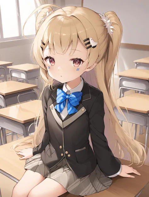 1girl,solo,eldridge \(azur lane\),facial mark,
<lora:liqi_xl_v1.2-000010:1>,black jacket,black hairclip,two side up,blue bowtie,pleated skirt,10 year old,
sitting,on table,
classroom,