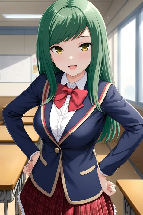 (masterpiece, best quality, very aesthetic, ultra detailed), intricate details, highly detailed background, perfect lightingbest quality, kokonoeshinobu, solo, indoors, classroom, green hair, swept bangs, long hair, yellow eyes, medium breasts, blue jacket, blazer, red bowtie, white shirt, hands on hips, red skirt, plaid skirt, school uniform, smile, open mouth, :d, pink lips, <lora:Kokonoe-Shinobu:0.7>