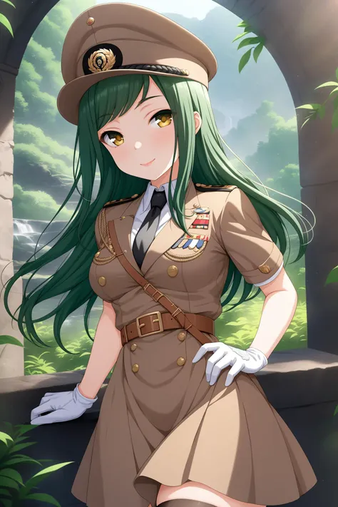 (masterpiece, best quality, very aesthetic, ultra detailed), intricate details, highly detailed background, perfect lightingbest quality, kokonoeshinobu, solo, outdoors, nature, military, military hat, brown headwear, green hair, swept bangs, long hair, yellow eyes, medium breasts, brown dress, black necktie, short sleeves, white gloves, belt, brown skirt, black thighhighs, military uniform, smile, closed mouth, :), pink lips, <lora:Kokonoe-Shinobu:0.7>