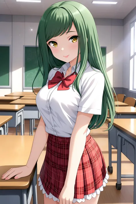 (masterpiece, best quality, very aesthetic, ultra detailed), intricate details, highly detailed background, perfect lightingbest quality, kokonoeshinobu, solo, indoors, classroom, green hair, swept bangs, long hair, yellow eyes, medium breasts, red bowtie, white shirt, short sleeves, red skirt, plaid skirt, school uniform, smile, closed mouth, :), pink lips, <lora:Kokonoe-Shinobu:0.7>