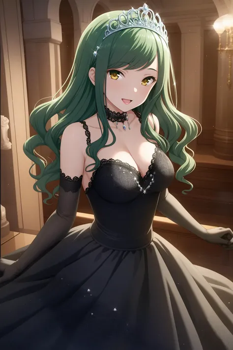 (masterpiece, best quality, very aesthetic, ultra detailed), intricate details, highly detailed background, perfect lightingbest quality, kokonoeshinobu, solo, indoors, green hair, tiara, swept bangs, wavy hair, long hair, yellow eyes, choker, jewelry, medium breasts, black dress, sleeveless dress, lace-trimmed dress, lace trim, cleavage, bare shoulders, black gloves, elbow gloves, smile, open mouth, :d, pink lips, <lora:Kokonoe-Shinobu:0.7>