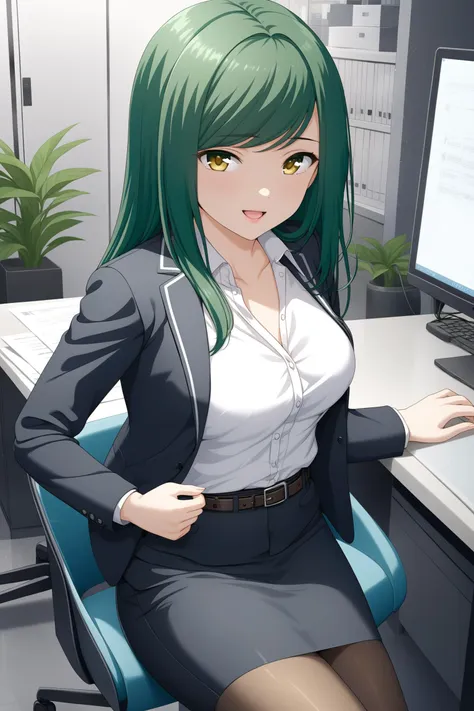 (masterpiece, best quality, very aesthetic, ultra detailed), intricate details, highly detailed background, perfect lightingbest quality, kokonoeshinobu, solo, indoors, office, office lady, green hair, swept bangs, long hair, yellow eyes, medium breasts, black jacket, open jacket, blazer, business suit, white shirt, belt, black skirt, pencil skirt, skirt suit, black pantyhose, smile, open mouth, :d, pink lips, <lora:Kokonoe-Shinobu:0.7>