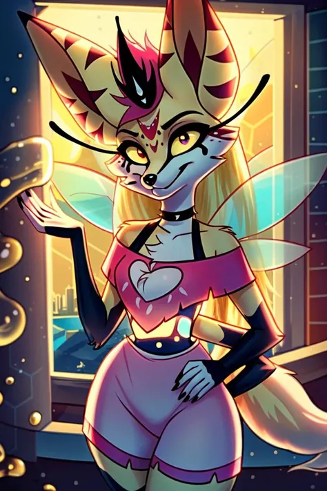 (queenbee, queen bee:1.2), (long yellow liquid hair:1.2), (four arms, long liquid hair, fox face, fox head, fennec fox ears, bee wings), female, anthro, humanoid, thin, small petite, bee themed background, bee themed party, tail, choker, ears, (pink iris, yellow sclera:1.2), (realistic:1.2), (masterpiece:1.2), (full-body-shot:1.2),(Cowboy-shot:1.2), neon lighting, dark romantic lighting, (highly detailed:1.2),(detailed face:1.2), (gradients), colorful, detailed eyes, (detailed landscape:1.2), (natural lighting:1.2),(detailed background), detailed landscape, (glamour pose:1.2), solo, <lora:Queen_bee_V0.8 (1):0.75> <lora:add_detail:0.15> <lora:hipoly3DModelLora_v10:0.05> <lora:RSERomantic_RSESofiko_RSEEmma-v1:0.1> <lora:BeautifulEyes:0.65> <lyco:coloredSkin-08:0.3>