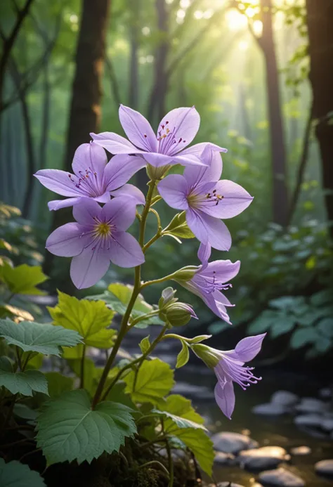 (medium full shot) of (delicate flower) with violet petals, tubular shaped flower, veined, musky scent, entangled with delicate vines, located in  a serene mystical forest, with tranquil streams, vibrant plants, soft sunlight, peaceful atmosphere, at dawn, Masterpiece,best quality, photo, realistic, very aesthetic,