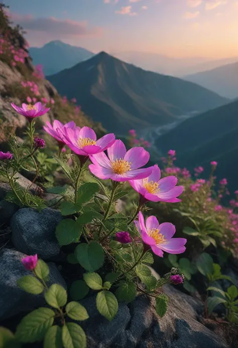 (medium full shot) of (enchanting flower) with magenta petals, cup shaped flower, striped, sweet scent, entangled with delicate vines, located in  a majestic mountain peak, with wildflowers blooming, crisp air, panoramic views, serene environment, during twilight, ,Masterpiece,best quality, photo, realistic, very aesthetic