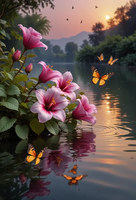 (medium full shot) of (enchanting flower) with burgundy petals, trumpet shaped flower, marbled, fresh scent, accompanied by butterflies, located in  a picturesque riverside, with blooming flowers, gentle ripples, serene ambiance, peaceful water, during twilight, Masterpiece,best quality, photo, realistic, very aesthetic,