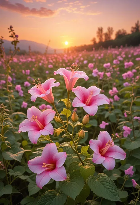(medium full shot) of (exquisite flower) with pink petals, trumpet shaped flower, marbled, fruity scent, entangled with delicate vines, located in a lush wildflower field, with abundant blooms, warm light, peaceful atmosphere, dancing butterflies, at dawn, Masterpiece,best quality, photo, realistic, very aesthetic,