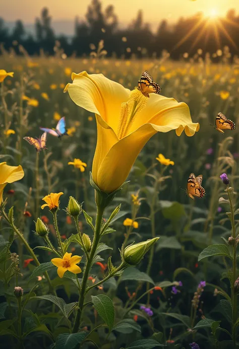 (medium full shot) of (mesmerizing flower) with yellow petals, trumpet shaped flower, edged with a contrasting color, earthy scent, glittering pollen, located in  a lush wildflower field, with abundant blooms, warm light, peaceful atmosphere, dancing butterflies, during twilight, ,Masterpiece,best quality, raw photo, realistic, very aesthetic