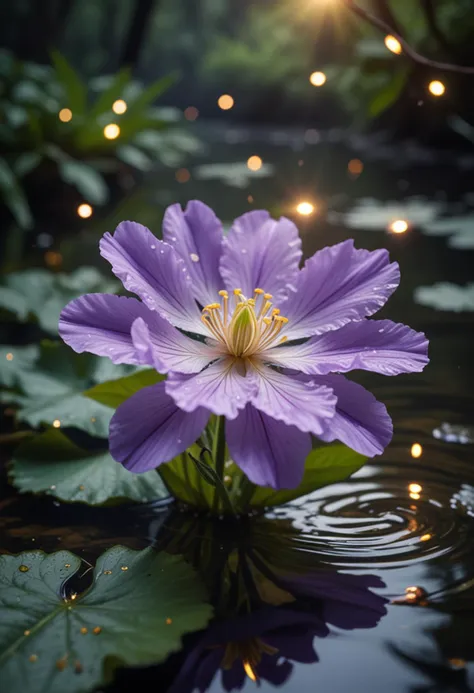 (medium full shot) of (delicate flower) with violet petals, ruffled shaped flower, veined, spicy scent, surrounded by glowing fireflies, located in  an ancient riverside, with resilient blooms, still waters, tranquil light, serene vibes, Masterpiece,best quality, photo, realistic, very aesthetic,