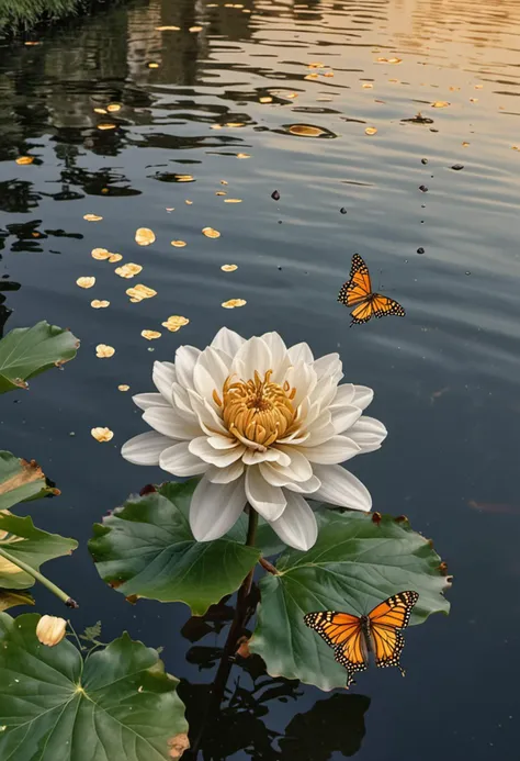 (medium full shot) of (mesmerizing flower) with gold petals, ruffled shaped flower, striped, honey-like scent, accompanied by butterflies, located in  an ancient riverside, with resilient blooms, still waters, tranquil light, serene vibes, during twilight, ,Masterpiece,best quality, photo, realistic, very aesthetic