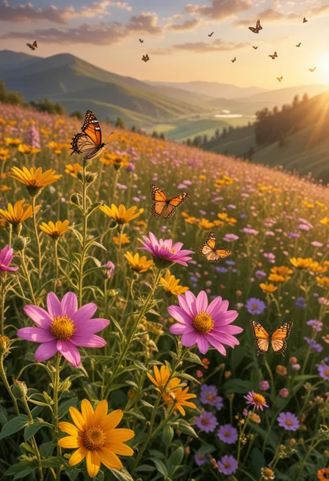 (medium full shot) of (resplendent flower) with gold petals, bell shaped flower, speckled, musky scent, accompanied by butterflies, located in  a vibrant wildflower field, with rolling hills, radiant sunlight, serene environment, cheerful flowers, at dawn, Masterpiece,best quality, photo, realistic, very aesthetic,