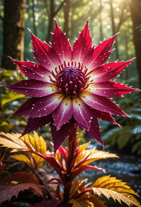 (medium full shot) of (radiant flower) with burgundy petals, spiky shaped flower, speckled, citrusy scent, adorned with tiny crystals, located in  a dense ancient forest, with vibrant flowers, peaceful streams, soft sunlight, tranquil vibes, Masterpiece,best quality, photo, realistic, very aesthetic,