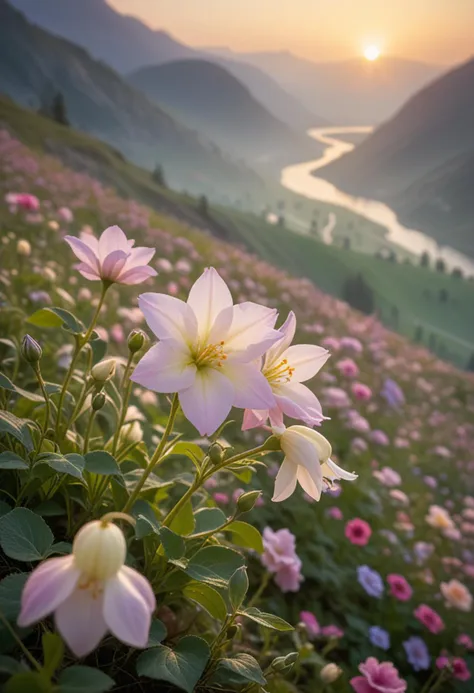 (medium full shot) of (delicate flower) with cream petals, bell shaped flower, edged with a contrasting color, sweet scent, surrounded by shimmering light, located in  a vibrant misty valley, with colorful flowers, radiant light, serene environment, magical mists, at dawn, Masterpiece,best quality, photo, realistic, very aesthetic,