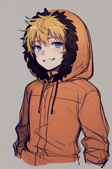masterpiece, best quality, 1boy, kenny, blonde hair, blue eyes, hood up, parka, fur trim, upper body, smile, looking at viewer, sketch, simple background <lora:Kenny:1>