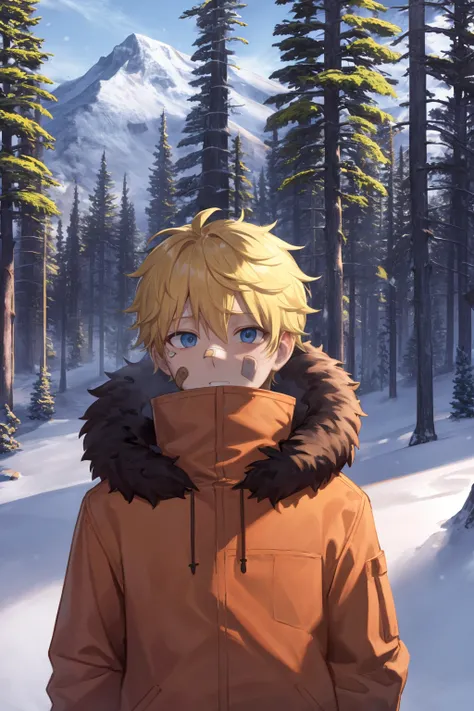 masterpiece, best quality, 1boy, kenny, blonde hair, blue eyes, parka, fur trim, bandaid, upper body, blood, looking at viewer, outdoors, winter, snow, trees, moutains in background  <lora:Kenny:1>
