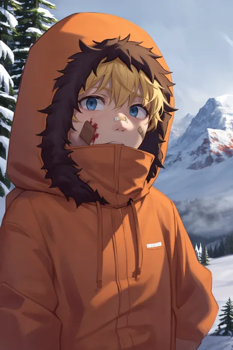 masterpiece, best quality, 1boy, kenny, blonde hair, blue eyes, hood up, parka, fur trim, bandaid, bandaid on face, upper body, blood, looking at viewer, outdoors, winter, snow, trees, moutains in background  <lora:Kenny:1>