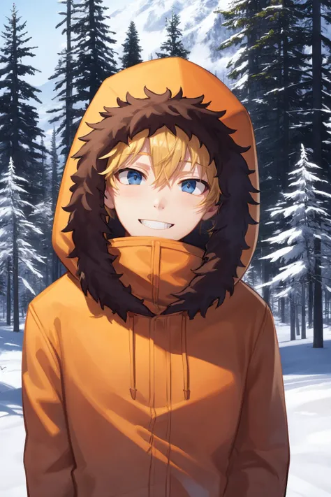 masterpiece, best quality, 1boy, kenny, blonde hair, blue eyes, hood up, parka, fur trim, upper body, smile, looking at viewer, outdoors, winter, snow, trees, moutains in background <lora:Kenny:1>