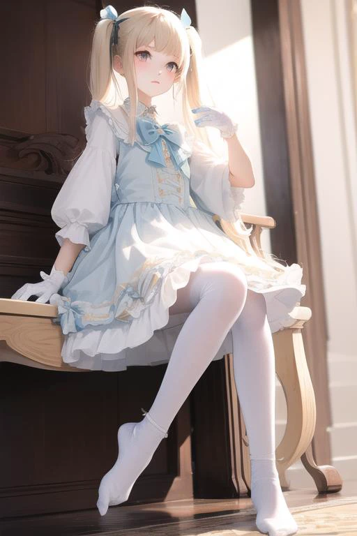 highres, best quality, masterpiece,
smooth skin, bowtie,
twintails, long hair, hair ribbon,
white gloves, white white legwear, leg up, no shoes, foot focus,sitting,
1girl