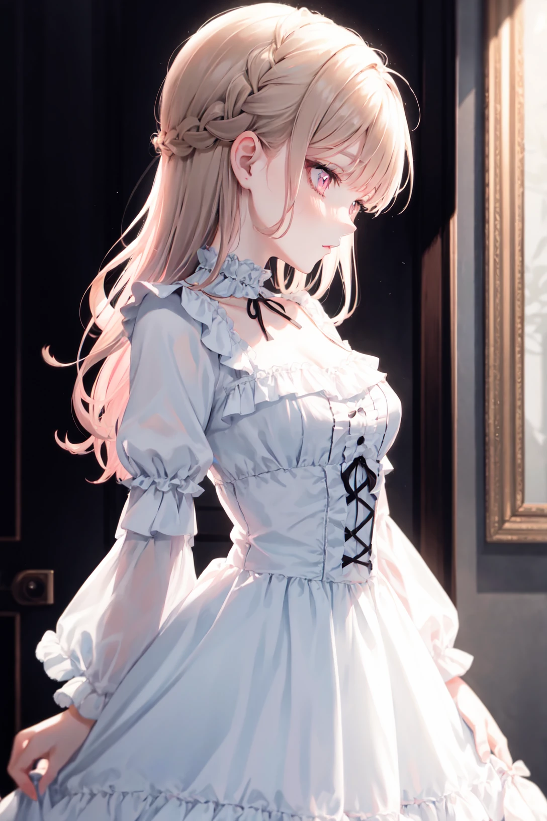 cute ta fashion, medium breasts, frilled dress, masterpiece, portrait, french braid, pink eyes, profile