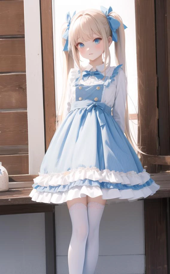 highres, best quality, masterpiece,
twintails, long hair, hair ribbon,
arms behind back, sitting, leg up,
white white thighhighs, no shoes,foot focus,
1girl,