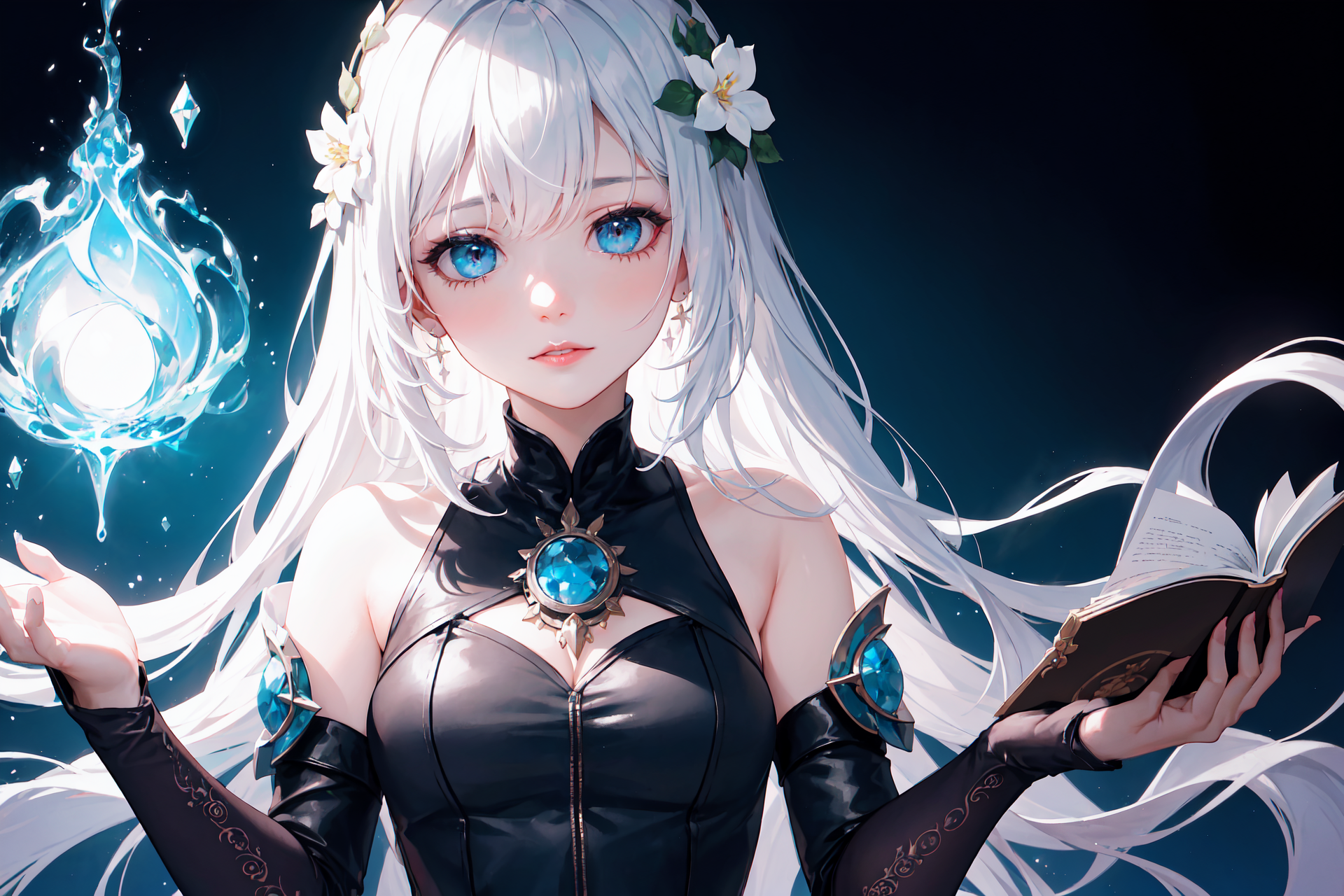 A woman with long white hair holding a book and a blue light - SeaArt AI