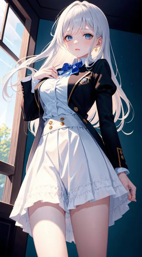 [blue:blue:0.55] theme, masterpiece, magnum opus artwork of a girl, detailed visual art, beautiful eyes, long hair, royal, school uniform, academy, princess, embroidery, puffy sleeves, cinched_waist, miniskirt, lace trim, open blazer, large breasts, (simple background:1.0)