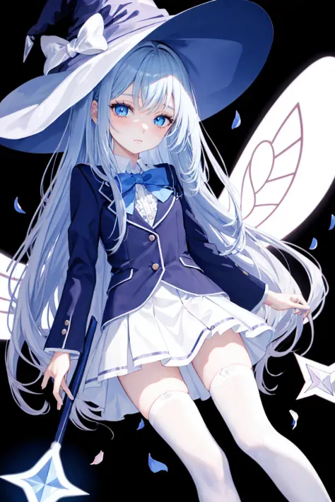 lineart, blue theme, masterpiece, magnum opus artwork of royal girl, detailed visual art, elegant, fairy, blazer, miniskirt, microskirt, witch hat, fairy wings, bare legs, (simple background:1.0) (sky blue hair:1.0), , hime cut,bangs,sidelocks, (blue eyes:1.0), (ulzzang-6500-v1.1:0.9), , blush, fairy, school uniform, flower petals, mystical, shiny skin, magical girl, magic circle, devine force, fairy wings, fairy, butterfly, ribbon, frills magical_gardens,Eye-catching_appearance,spellcasting,bloody_weapon,glowing_eyes,shapely_legs,spellbinding_portals,thigh-high stockings,thigh-high slits,magical girl,witchcraft_tools,mystical_symbols,sultry_look,Magic_wand,hemorrhaging