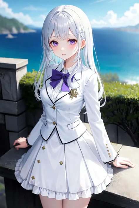 white blazer, microskirt, white skirt, lolita fashion, white mage, depth of field, scenery, fantasy, japanese clothes, curly hair, hair ornament, medium breasts, (purple eyes, silver hair:0.9)