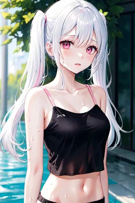 blouse, fashion, camisole, 1girl, sleeveless, upper body, bare shoulders, twintails, white hair, pink eyes, navel, crop top, medium breasts, sweat, wet clothes, outdoors, depth of field