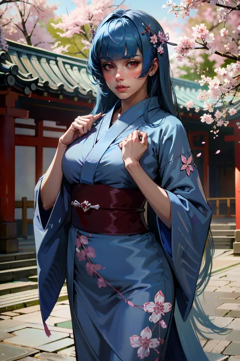 ((ultra detailed, masterpiece, absurdres))
<lora:KOFKulaD:0.9>
KOFKulaD, 1girl, long hair, blue hair, red eyes, bangs, yukata, japan, cherry blossoms, hair ornament