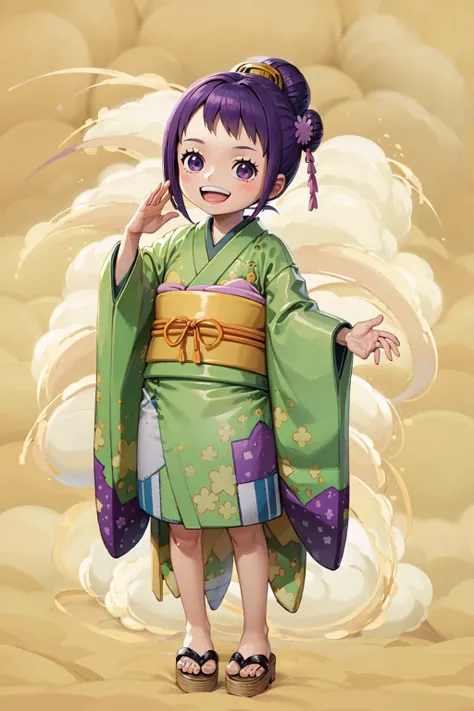 age 6 year old,full body,smile,happy,green kimono, purple eyes, purple hair, hair ornament, hair bun  <lora:TamaOP_character:1>