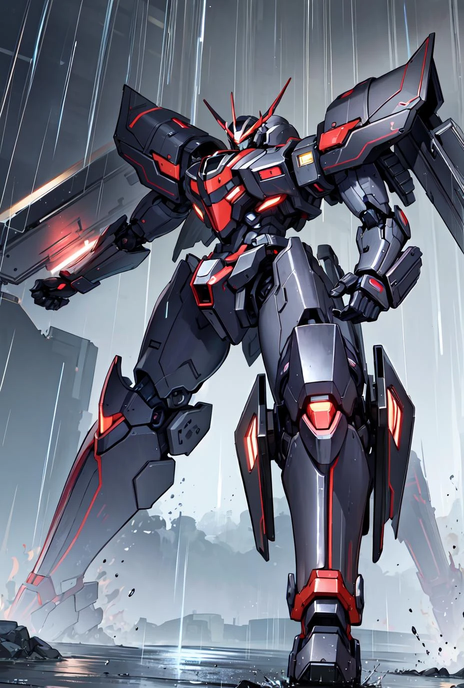 (masterpiece), best quality, dark mecha, rain,