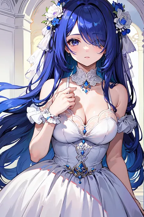 (masterpiece), best quality, 1 girl, solo, wedding dress, (hair over one eye), blue hair,