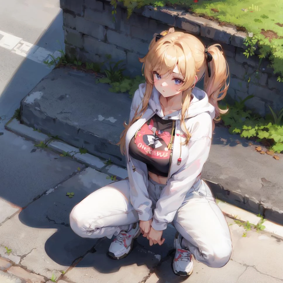 (masterpiece), best quality, 1 girl,solo, side street, large breasts, pants, squatting, spread legs, gopnik, hoodie, from above, asphalt,